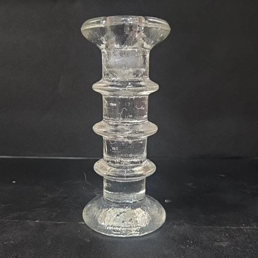 Pukeberg Sweden Three-Ring Pressed Glass Candlestick, Scandinavian Candle Holder